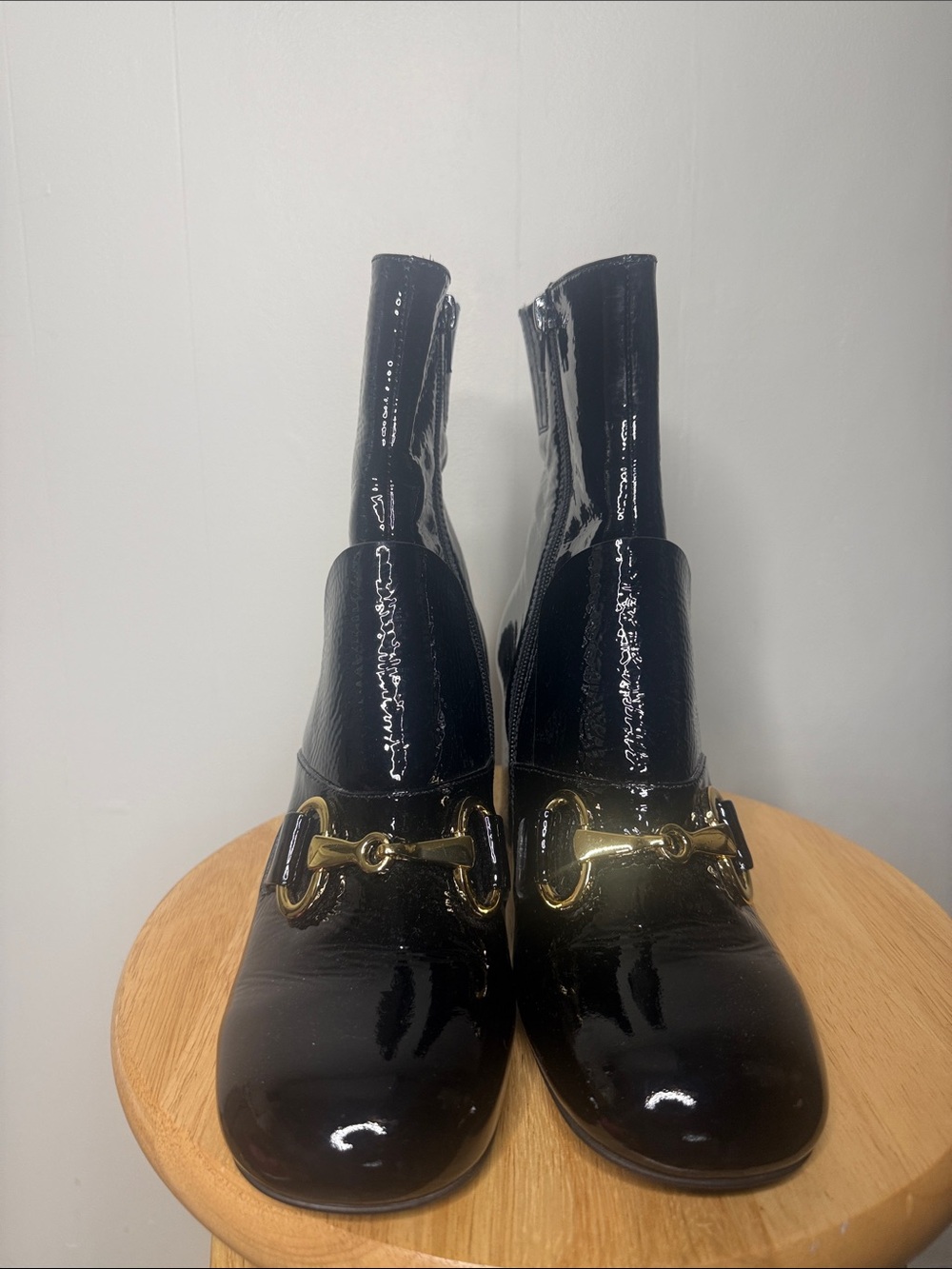 Jeffrey Campbell Black Patent Ankle Boots with Gold Bit